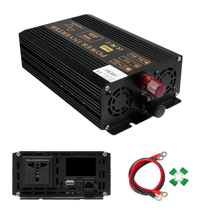 Lensun black power inverter shown with AC outlet panel, battery cables and spare fuses